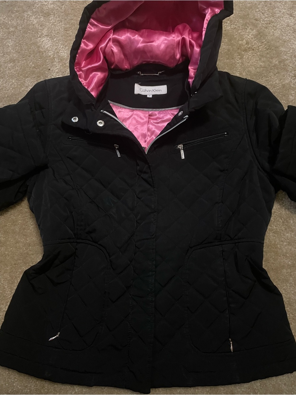 Calvin Klein Black Quilted Hooded Jacket with Pink Lining
